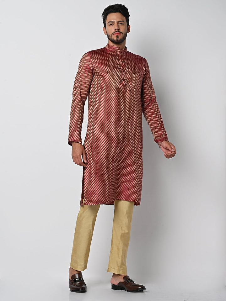 anokherang LKurtas Banarsi Wine Brocade Mens Kurta Pajama