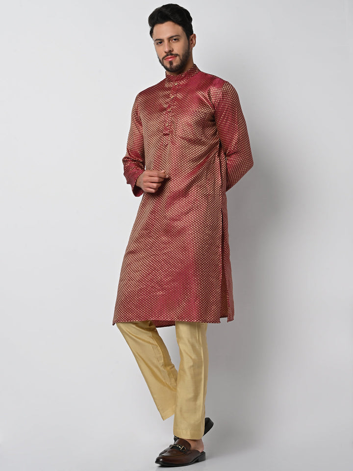 anokherang LKurtas Banarsi Wine Brocade Mens Kurta Pajama