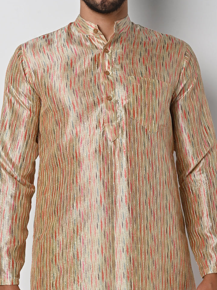 anokherang LKurtas Beige MultiColor Printed Mens Kurta Pajama