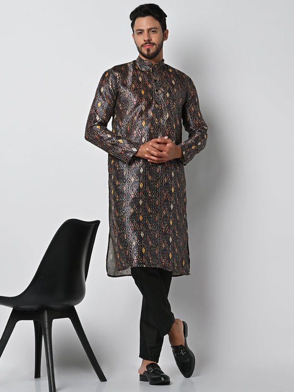 anokherang LKurtas Charcoal Black Ethnic Printed Mens Kurta Pajama