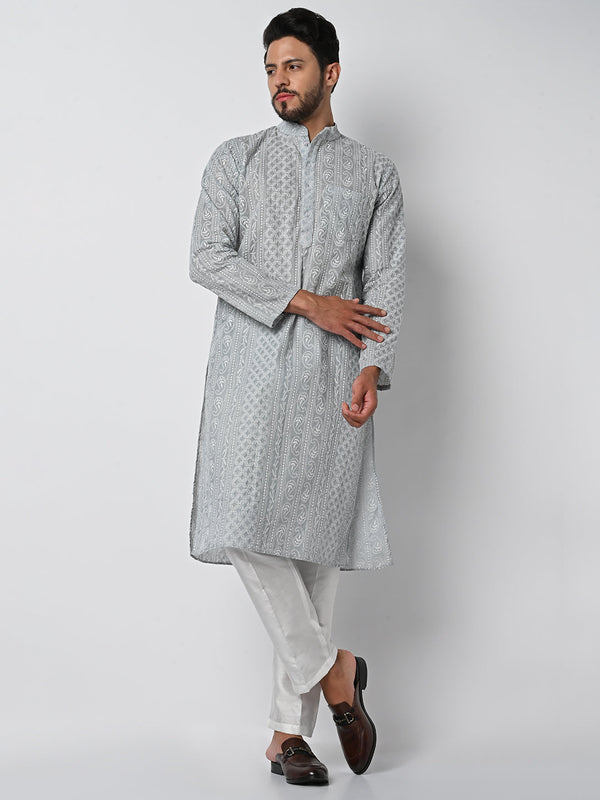 anokherang LKurtas Copy of Beige Floral Printed Silk Men Kurta Pajama