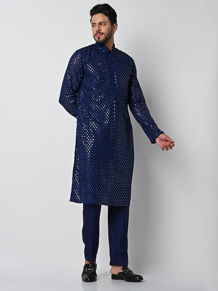 anokherang LKurtas Copy of Dazzling Blue Mirror Work Mens Kurta Pajama