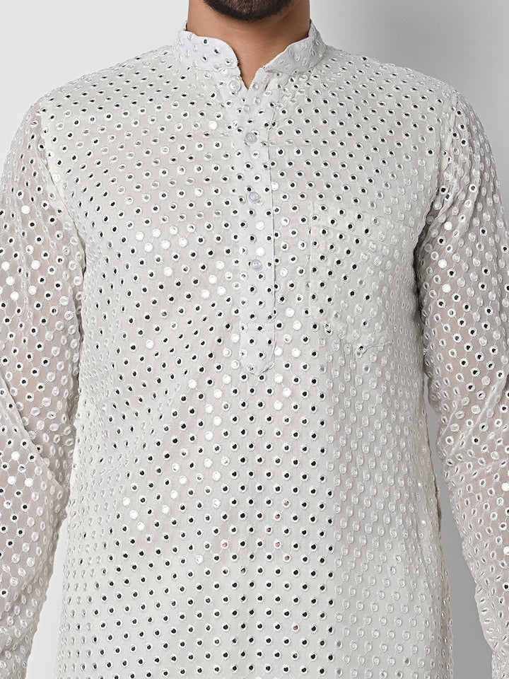 anokherang LKurtas Copy of Dazzling Off White  Mirror Work Mens Kurta Pajama