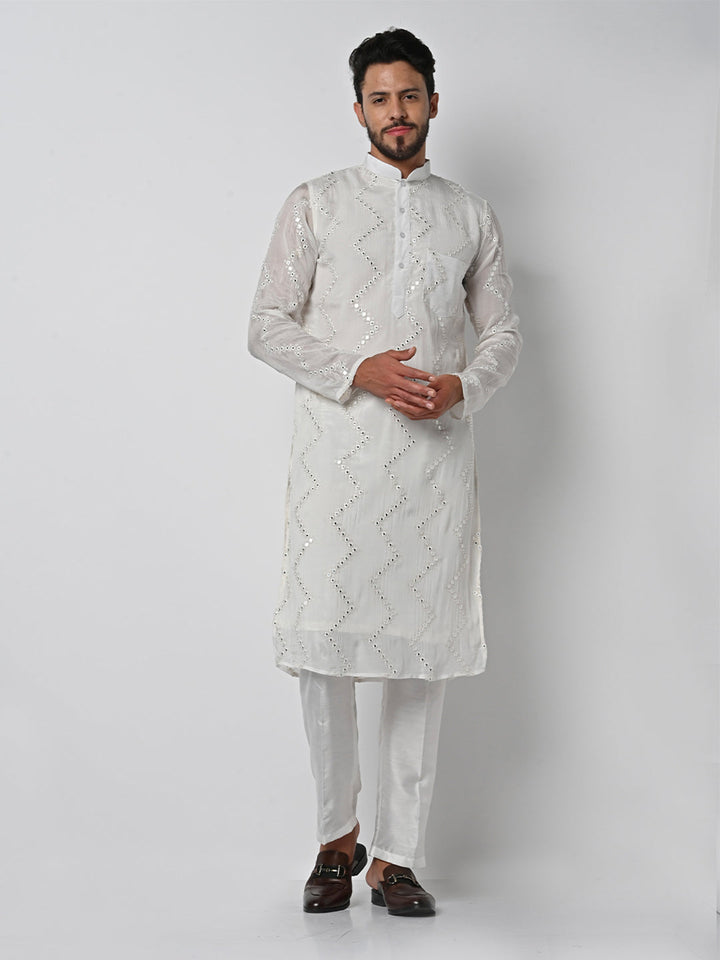 anokherang LKurtas Copy of Pure Ivory Mirror Work Mens Kurta Pajama