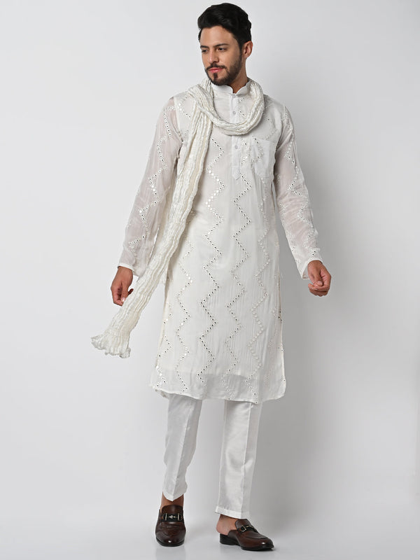 anokherang LKurtas Copy of Pure Ivory Mirror Work Mens Kurta Pajama