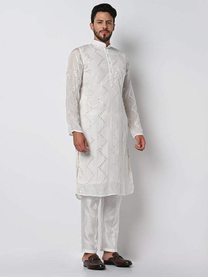 anokherang LKurtas Copy of Pure Ivory Mirror Work Mens Kurta Pajama