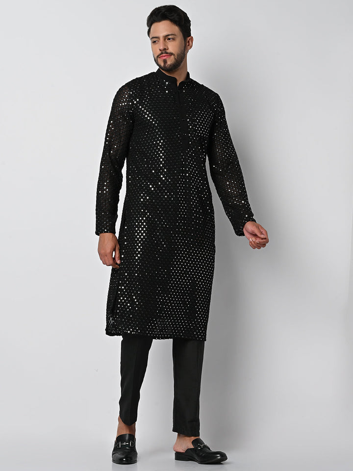 anokherang LKurtas Dazzling Black Mirror Work Mens Kurta Pajama