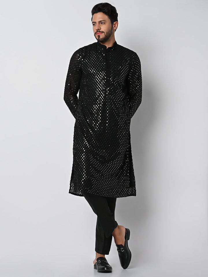 anokherang LKurtas Dazzling Black Mirror Work Mens Kurta Pajama