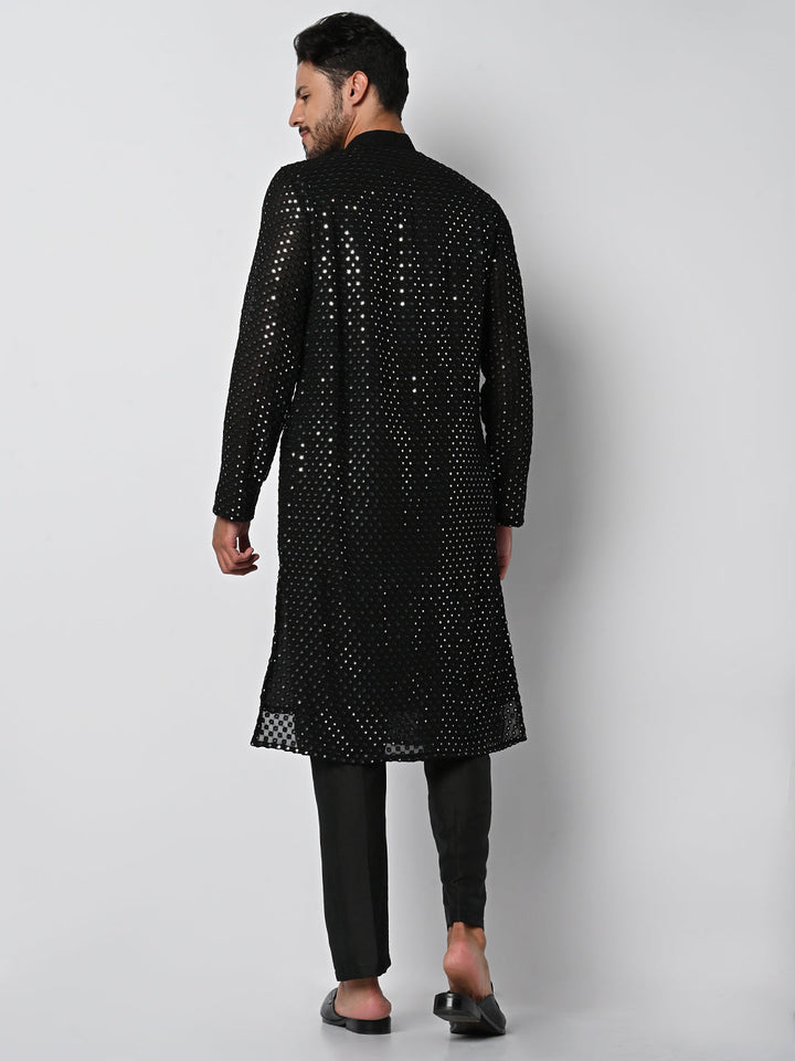 anokherang LKurtas Dazzling Black Mirror Work Mens Kurta Pajama