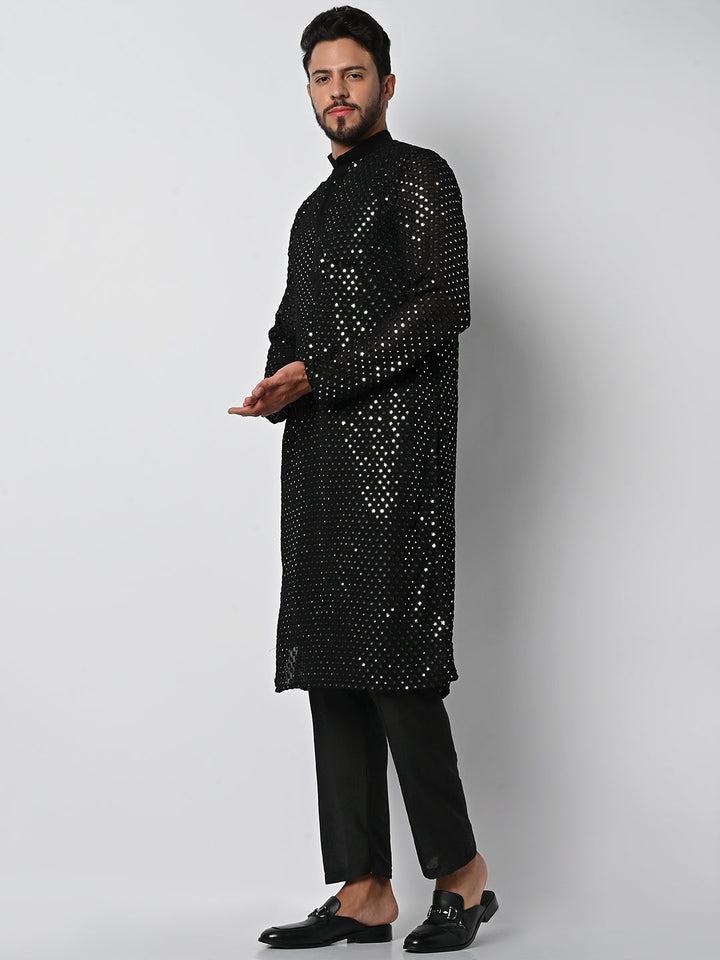 anokherang LKurtas Dazzling Black Mirror Work Mens Kurta Pajama