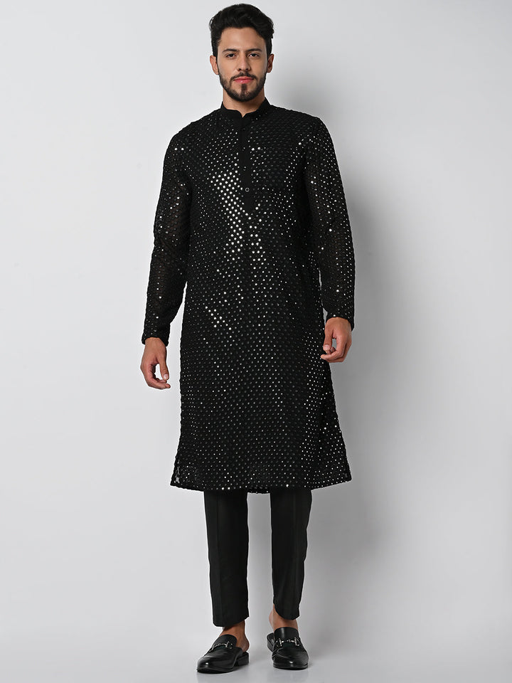 anokherang LKurtas Dazzling Black Mirror Work Mens Kurta Pajama