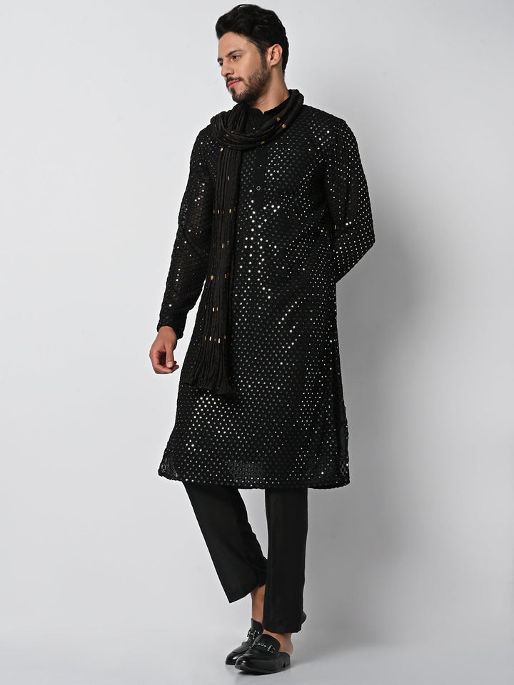 anokherang LKurtas Dazzling Black Mirror Work Mens Kurta Pajama with Silk Stole