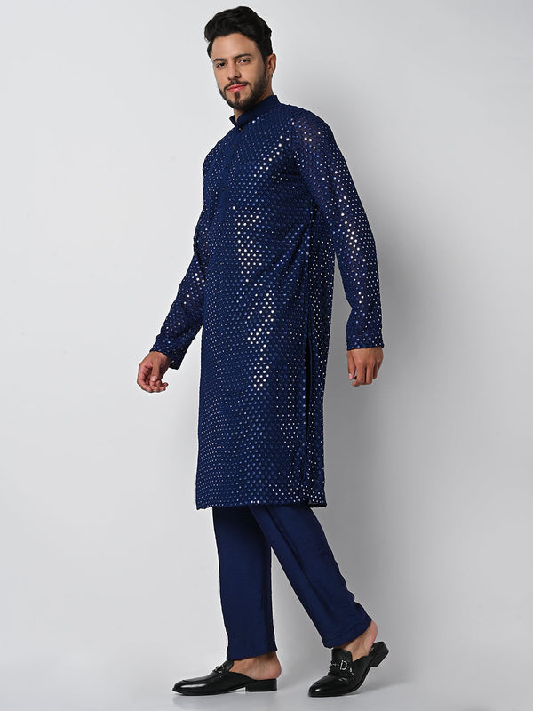 anokherang LKurtas Dazzling Blue Mirror Work Mens Kurta Pajama