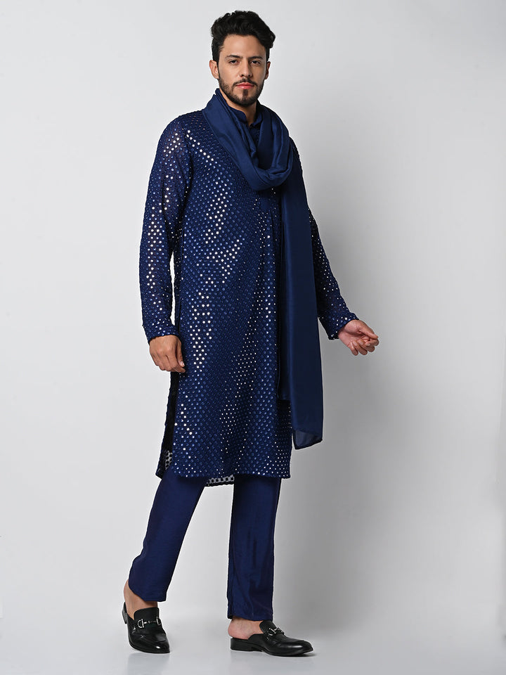 anokherang LKurtas Dazzling Blue Mirror Work Mens Kurta Pajama with Silk Stole