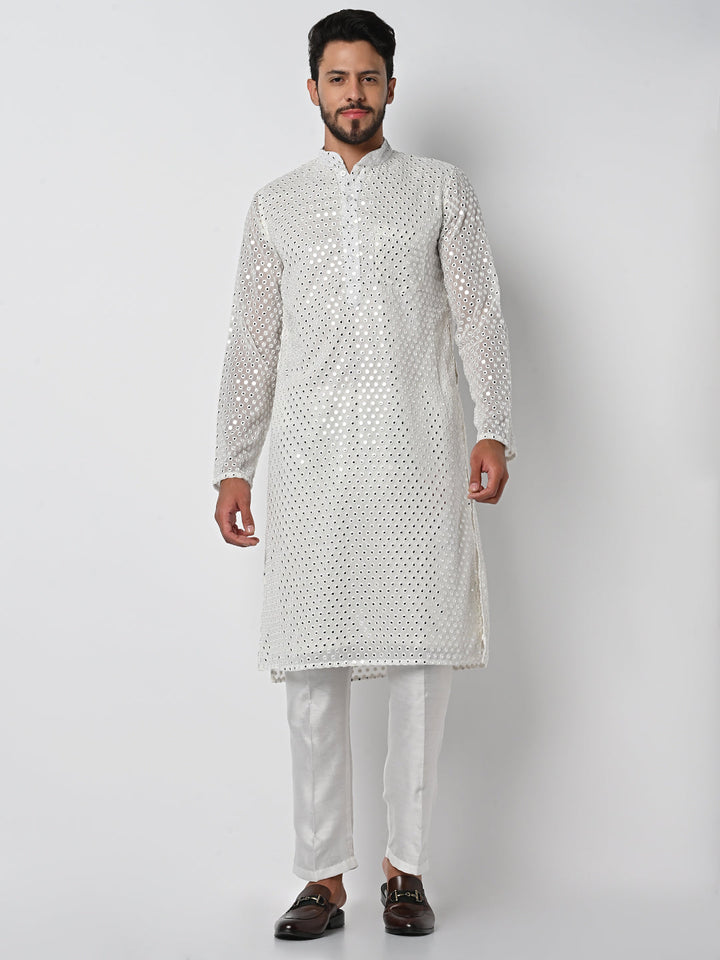 anokherang LKurtas Dazzling Off White  Mirror Work Mens Kurta Pajama