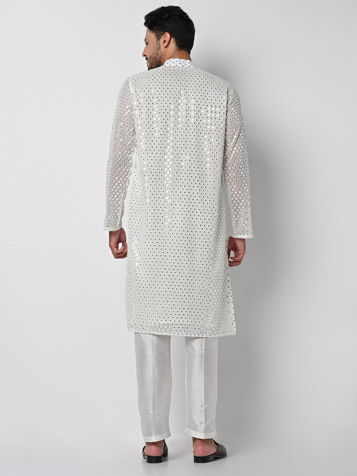 anokherang LKurtas Dazzling Off White  Mirror Work Mens Kurta Pajama