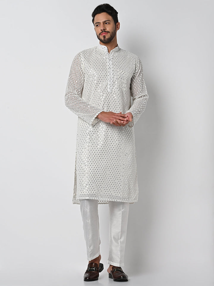 anokherang LKurtas Dazzling Off White  Mirror Work Mens Kurta Pajama