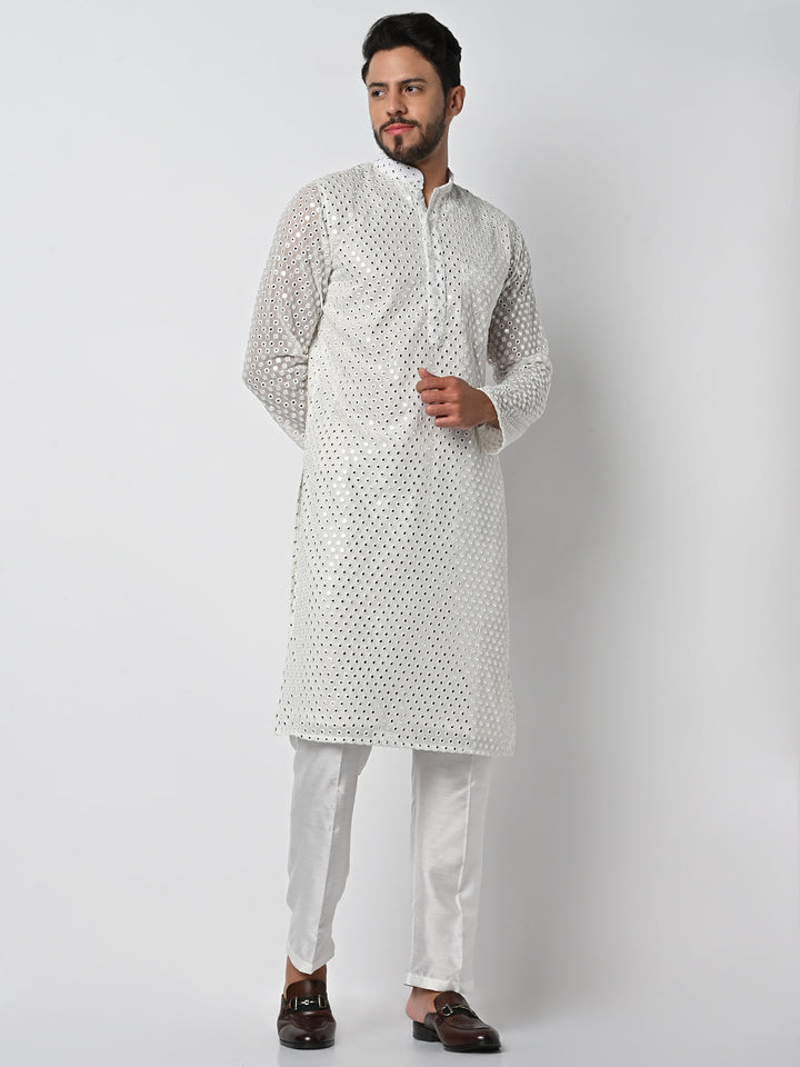 anokherang LKurtas Dazzling Off White  Mirror Work Mens Kurta Pajama