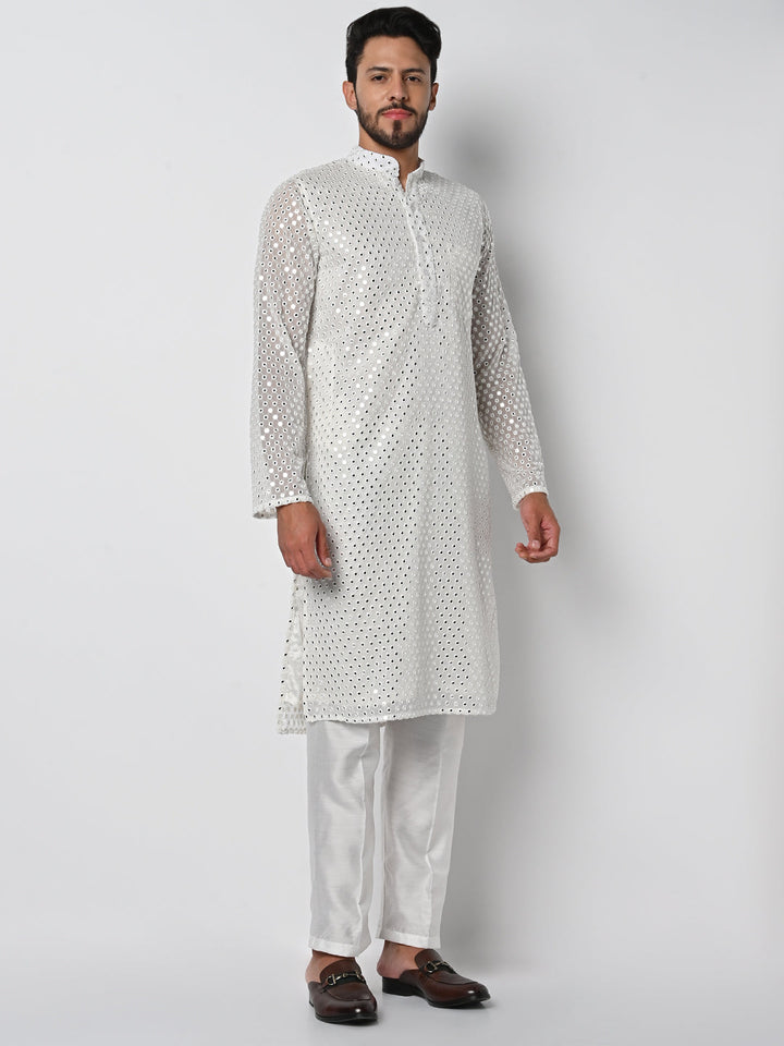 anokherang LKurtas Dazzling Off White  Mirror Work Mens Kurta Pajama