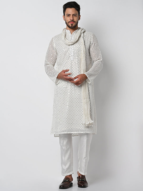 anokherang LKurtas Dazzling Off White Mirror Work Mens Kurta Pajama with Silk Stole