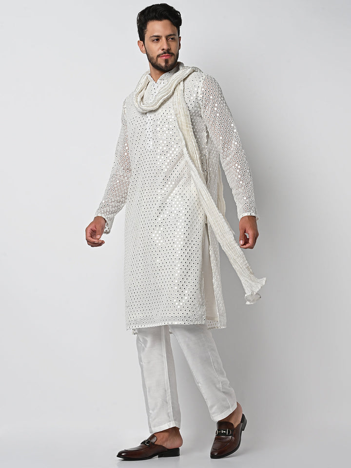 anokherang LKurtas Dazzling Off White Mirror Work Mens Kurta Pajama with Silk Stole
