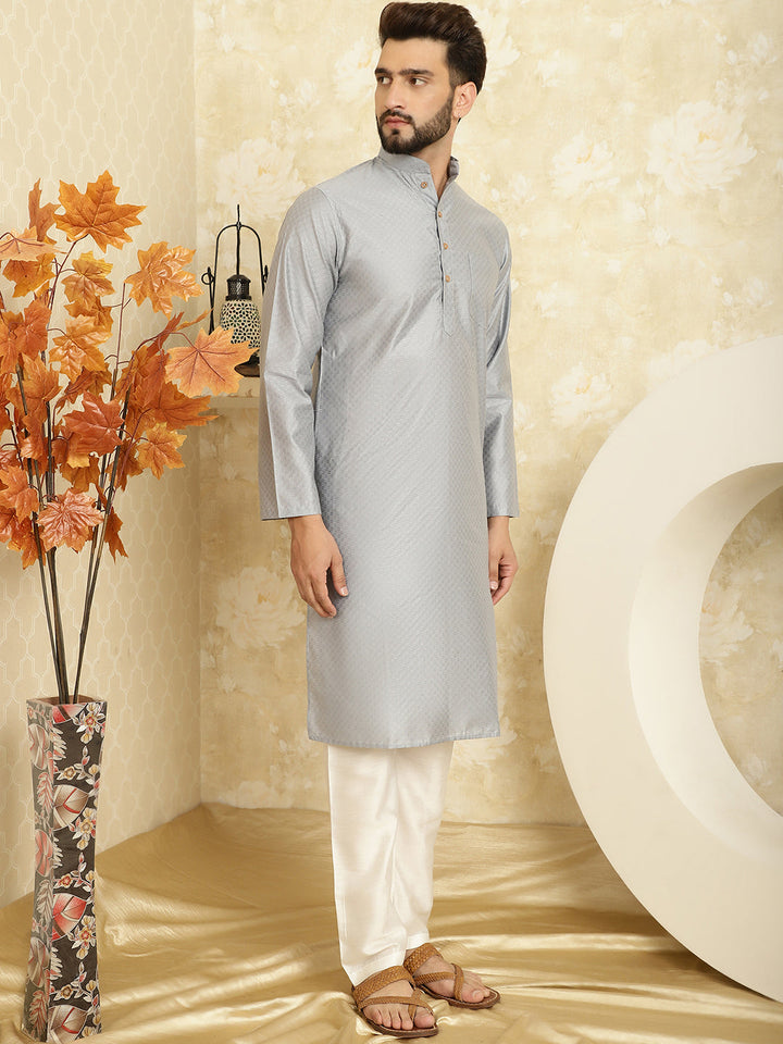 anokherang LKurtas Gray Jacquard Silk Mens Kurta with Pajama