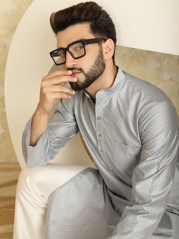 anokherang LKurtas Gray Jacquard Silk Mens Kurta with Pajama