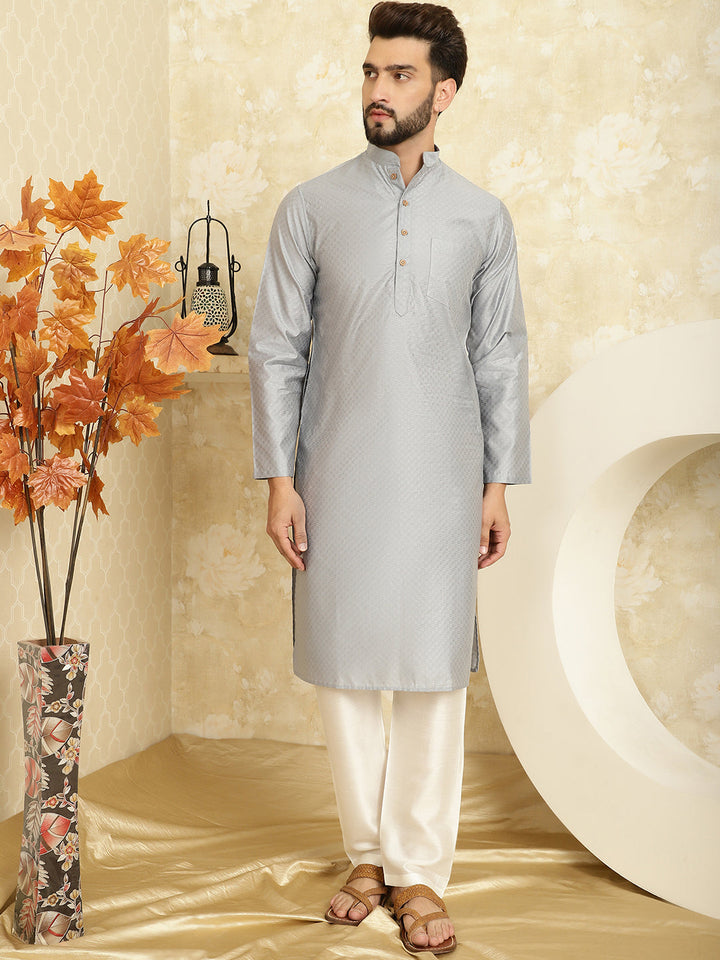 anokherang LKurtas Gray Jacquard Silk Mens Kurta with Pajama