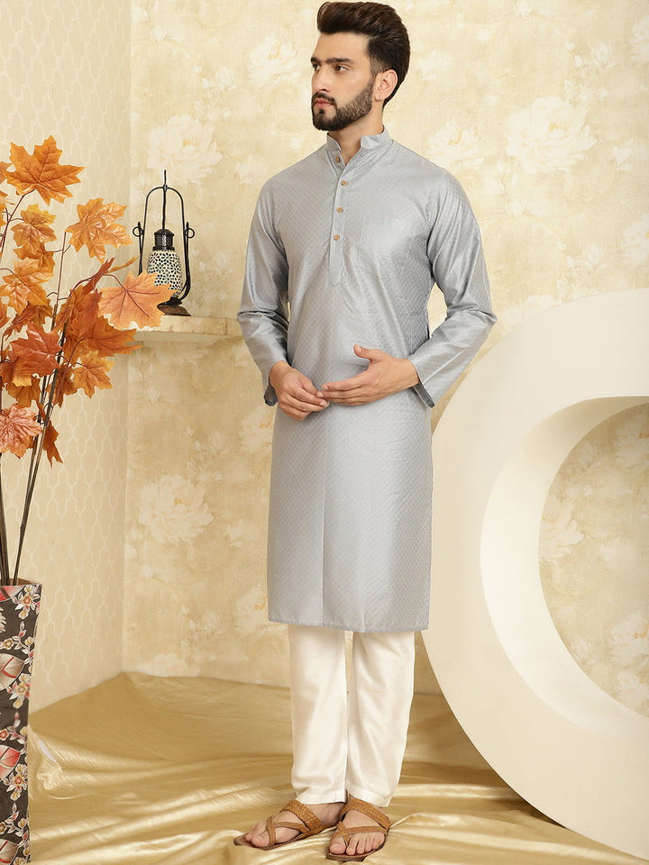 anokherang LKurtas Gray Jacquard Silk Mens Kurta with Pajama