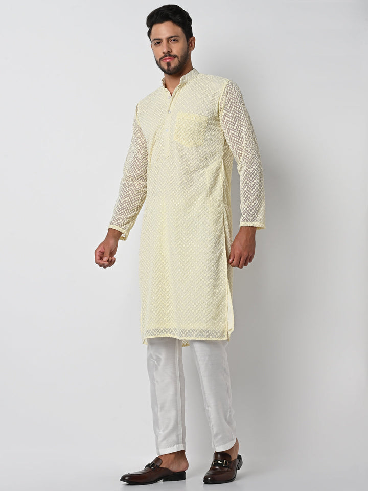 anokherang LKurtas Lemon Yellow Lucknowi Embroidered Mens Kurta Pajama
