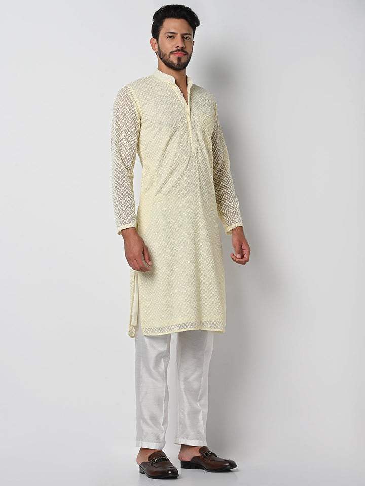 anokherang LKurtas Lemon Yellow Lucknowi Embroidered Mens Kurta Pajama