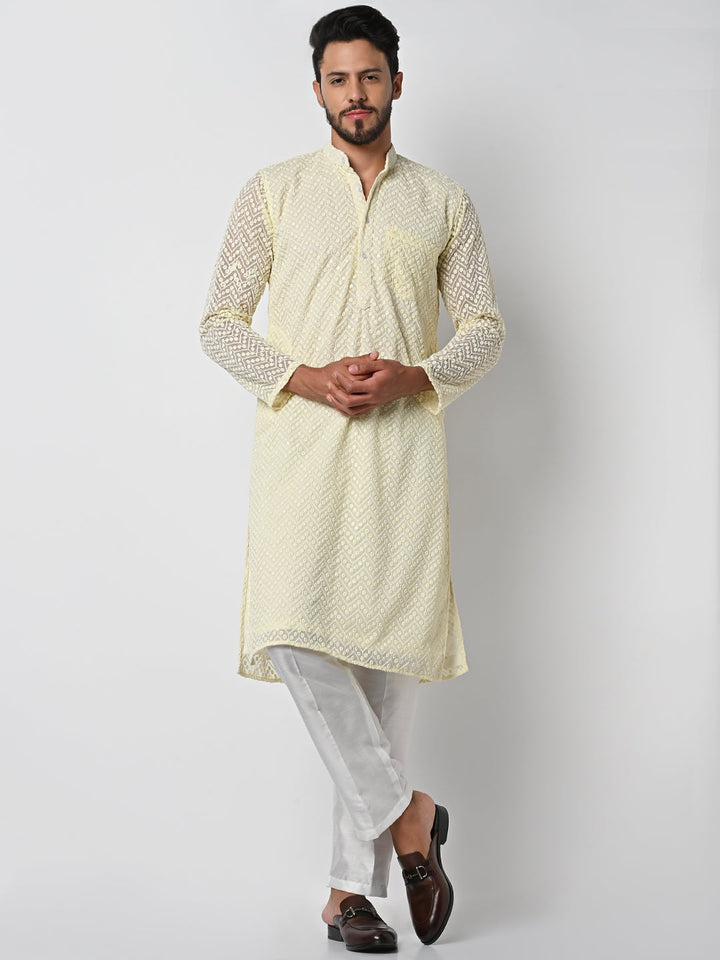 anokherang LKurtas Lemon Yellow Lucknowi Embroidered Mens Kurta Pajama