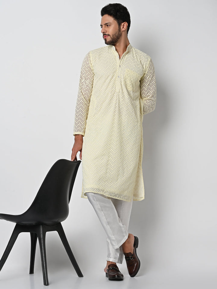 anokherang LKurtas Lemon Yellow Lucknowi Embroidered Mens Kurta Pajama