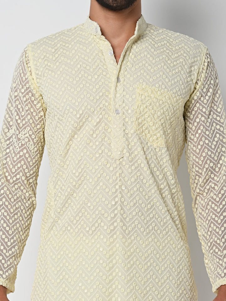 anokherang LKurtas Lemon Yellow Lucknowi Embroidered Mens Kurta Pajama