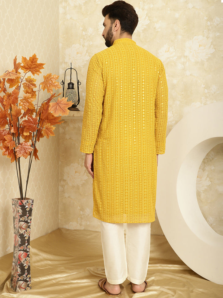 anokherang LKurtas Mustard Sequin Mens Kurta with Pajama