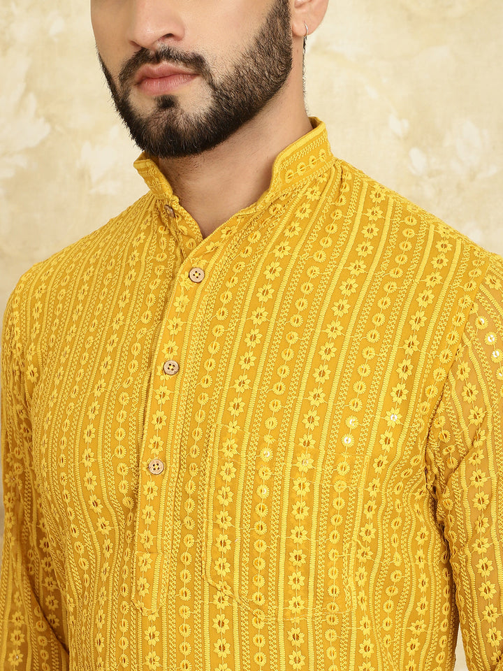 anokherang LKurtas Mustard Sequin Mens Kurta with Pajama