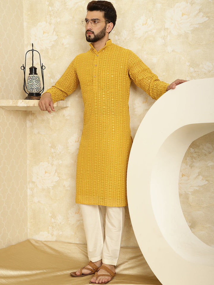 anokherang LKurtas Mustard Sequin Mens Kurta with Pajama