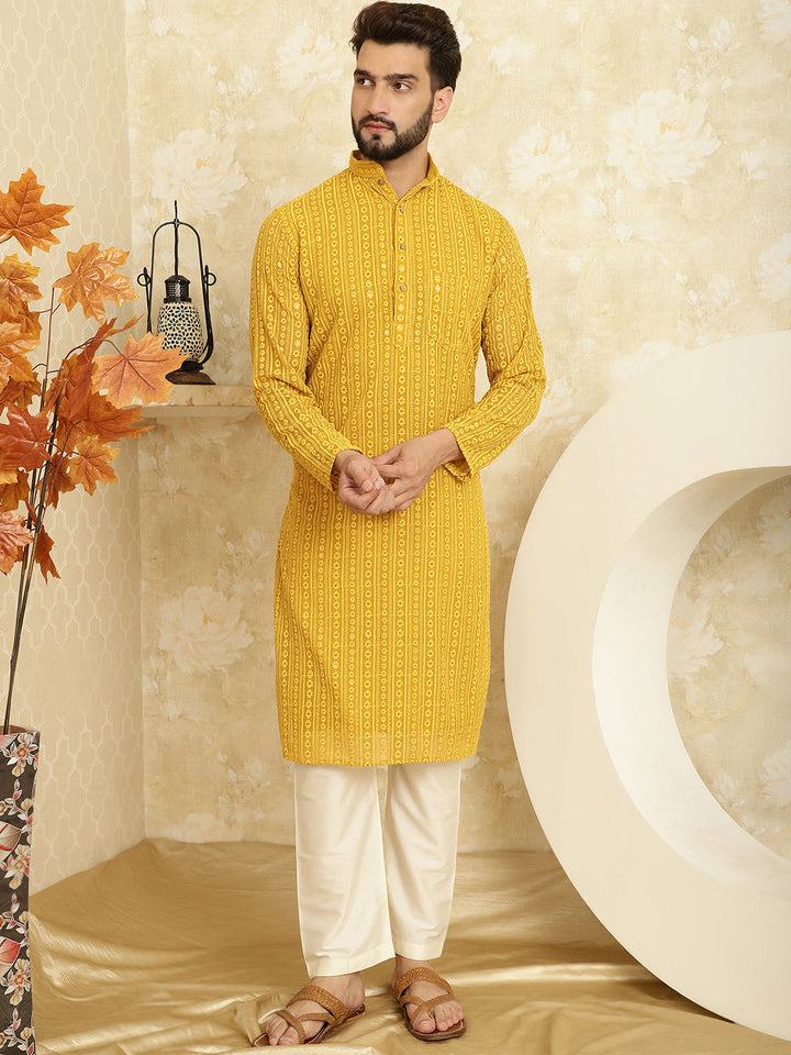 anokherang LKurtas Mustard Sequin Mens Kurta with Pajama