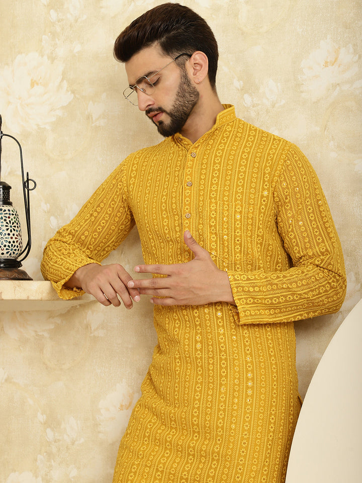 anokherang LKurtas Mustard Sequin Mens Kurta with Pajama