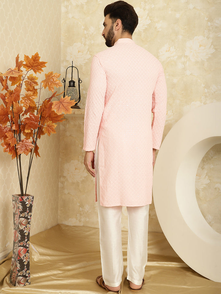 anokherang LKurtas Pink Sequin Mens Kurta with Pajama