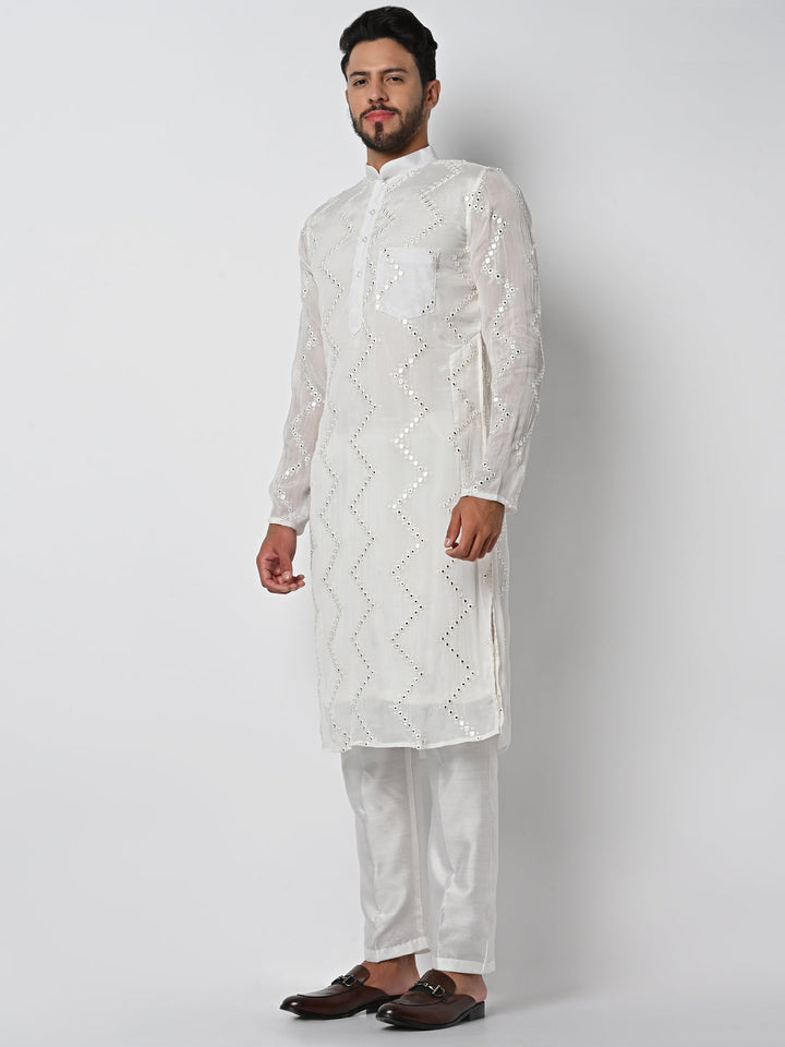 anokherang LKurtas Pure Ivory Mirror Work Mens Kurta Pajama