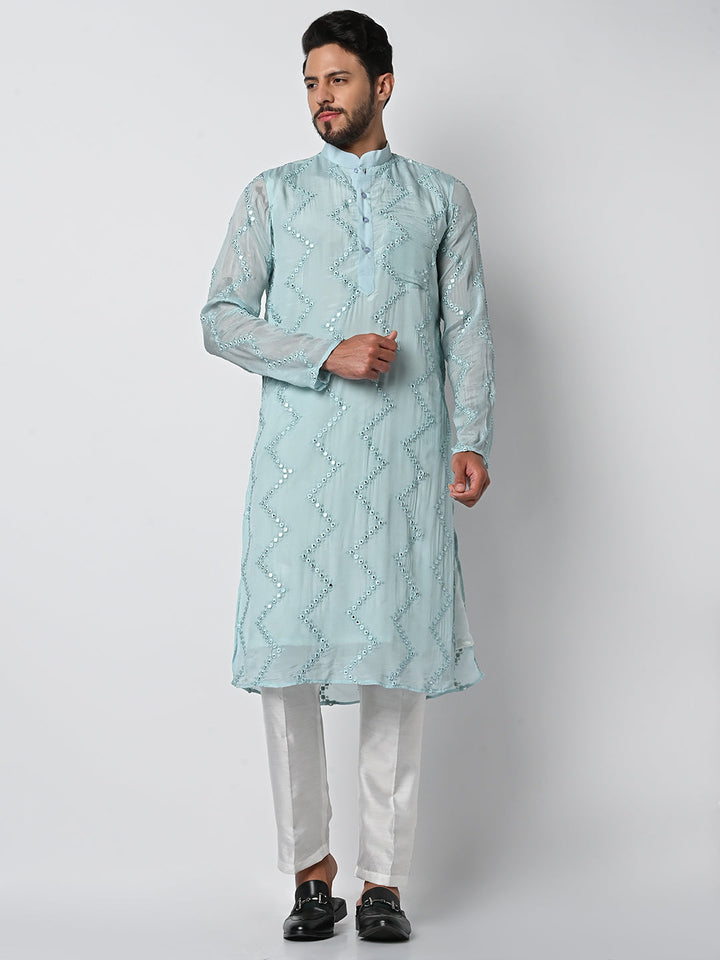 anokherang LKurtas Serene Blue Mirror Work Mens Kurta Pajama