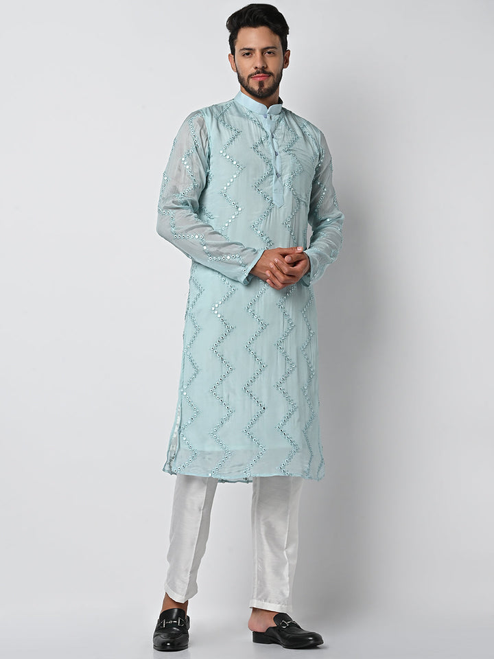 anokherang LKurtas Serene Blue Mirror Work Mens Kurta Pajama