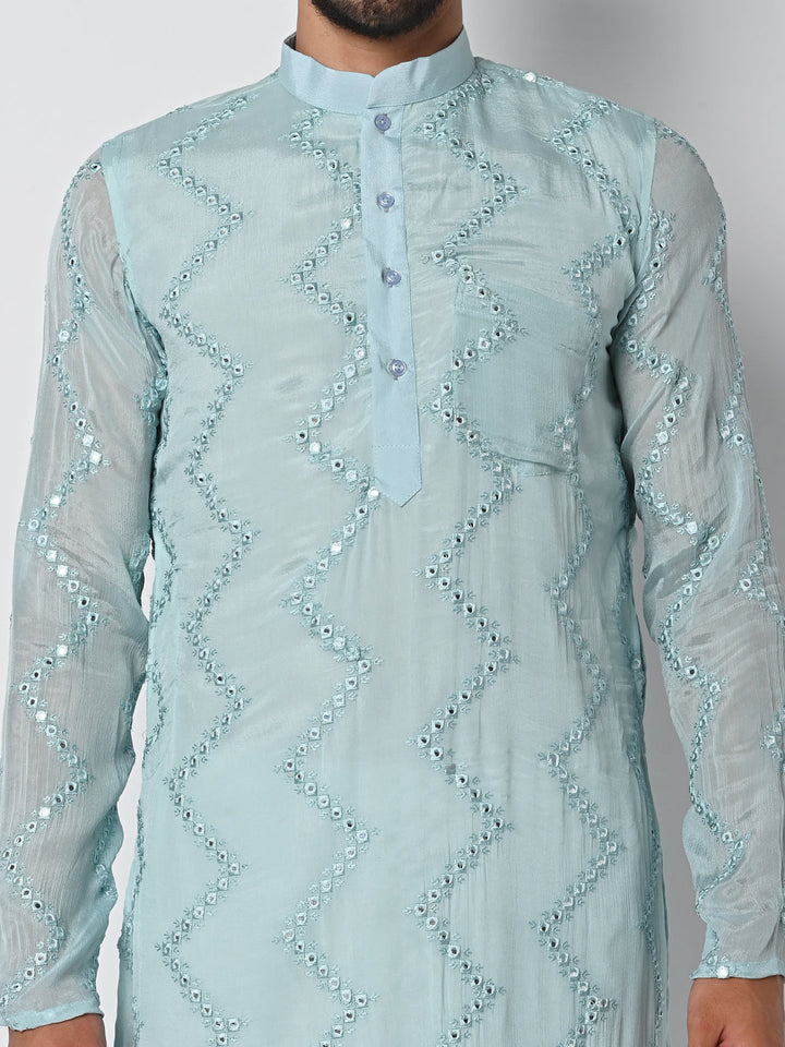 anokherang LKurtas Serene Blue Mirror Work Mens Kurta Pajama