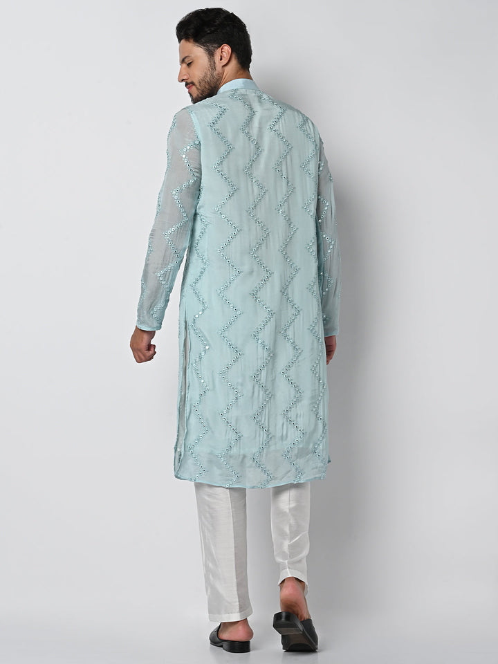anokherang LKurtas Serene Blue Mirror Work Mens Kurta Pajama