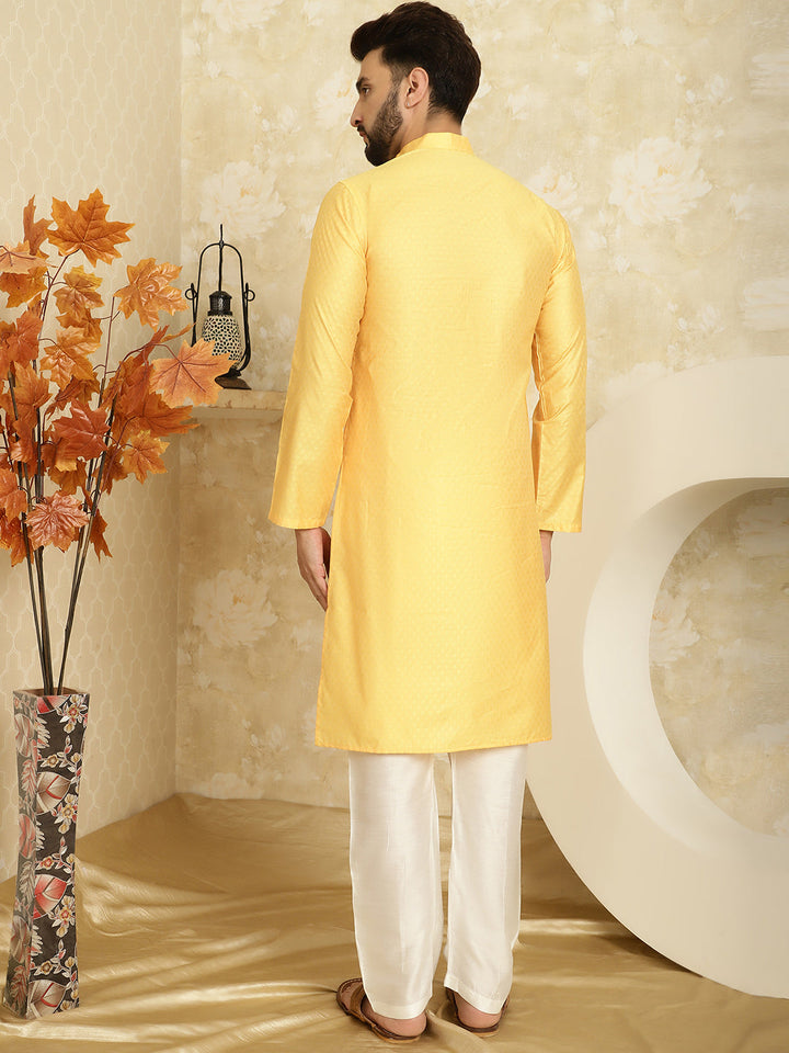 anokherang LKurtas Soft Yellow Jacquard Mens Kurta with Pajama