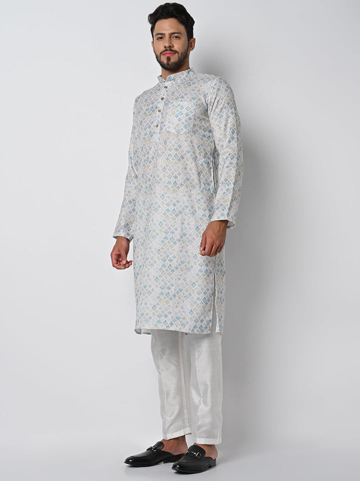anokherang LKurtas Soothing Blue White Printed Mens Kurta Pajama