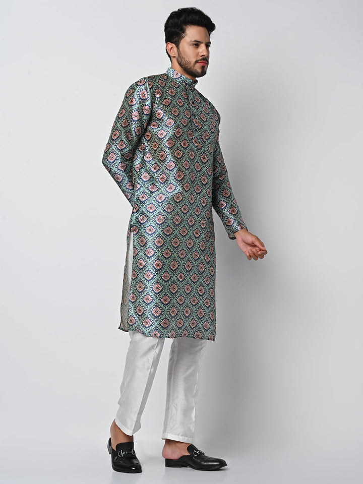 anokherang LKurtas Turquoise Ethnic Printed Mens Kurta Pajama