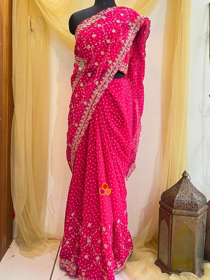 anokherang Sarees Pink Bandhani Embroidered Georgette Saree