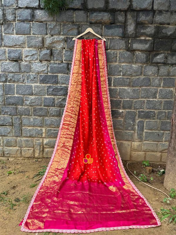 anokherang Sarees Pink Orange Bandhani Banarsi Silk Scalloped Saree